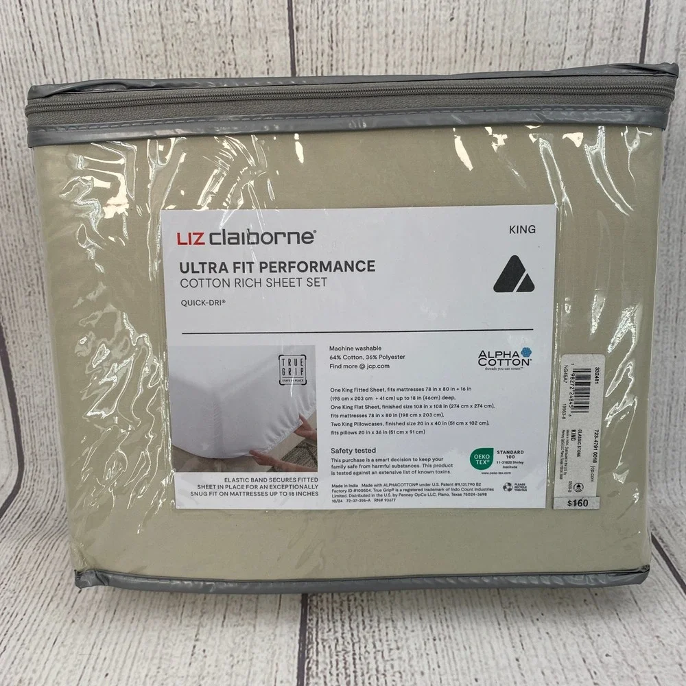 Liz Claiborne Sheet Set King Classic Stone Beige 575TC Ultra Fit Performance